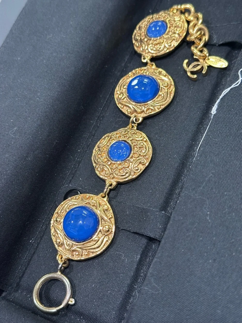 Pre Owned CHANEL Gold-Tone Bracelet with Blue Cabochons - Picture 9 of 16